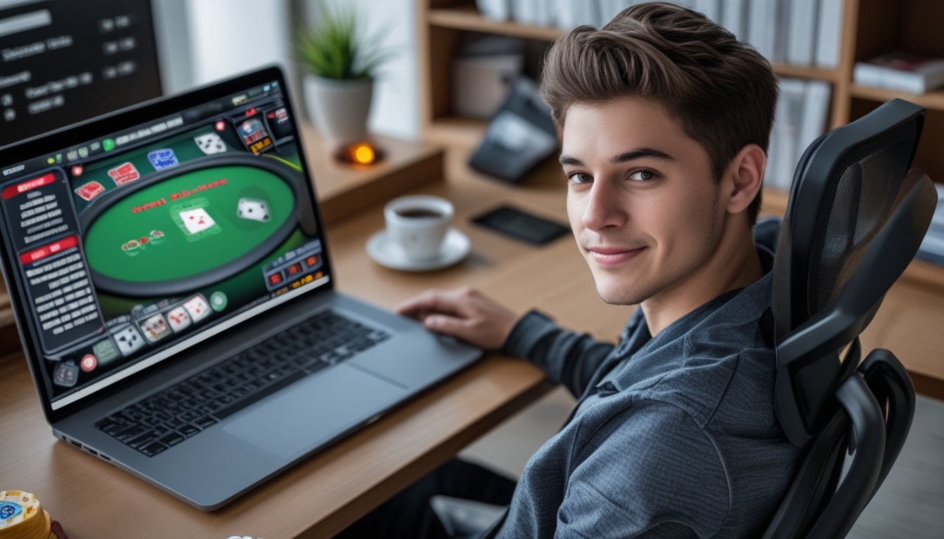 Seorang pemain muda duduk di depan laptop dengan permainan poker online, di meja terdapat tumpukan chip poker dan smartphone.