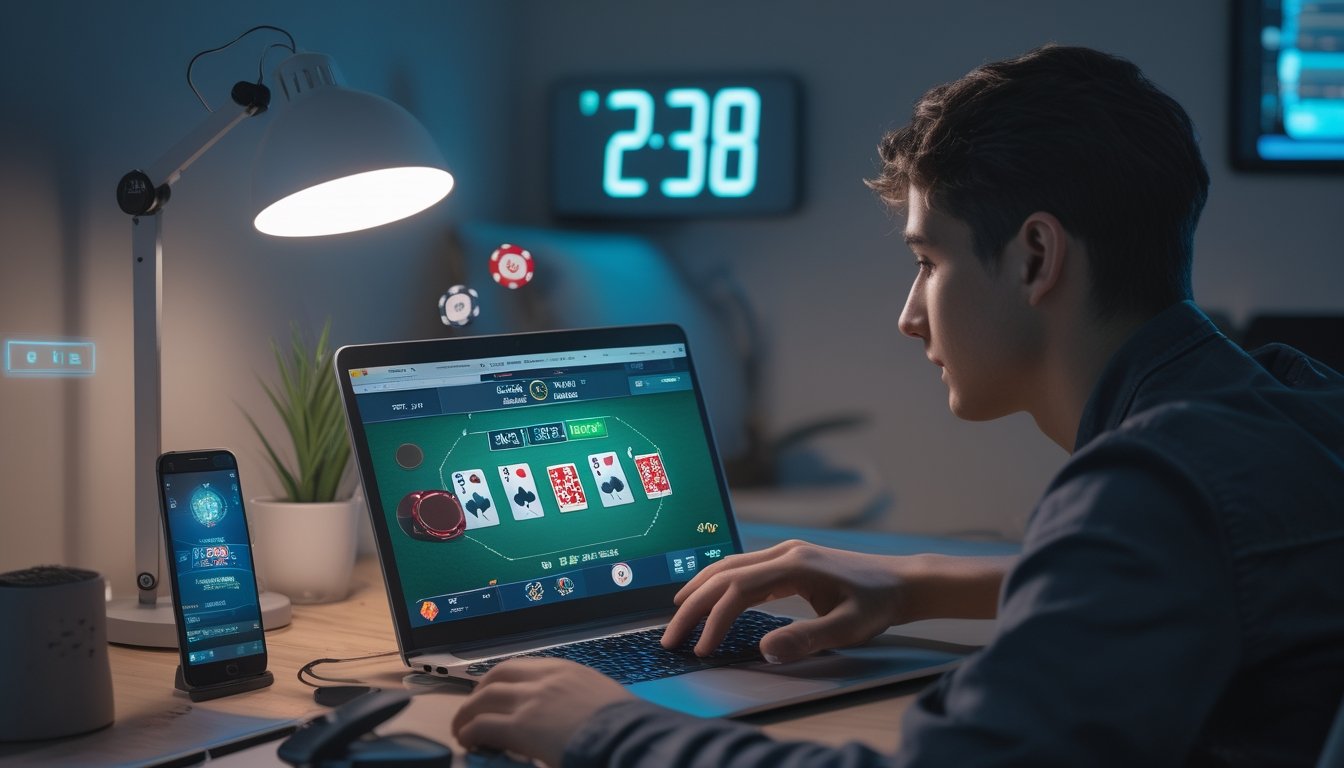 Seorang dewasa muda bermain poker online di laptop di ruang kerja rumah pada malam hari dengan jam digital menunjukkan waktu larut malam.