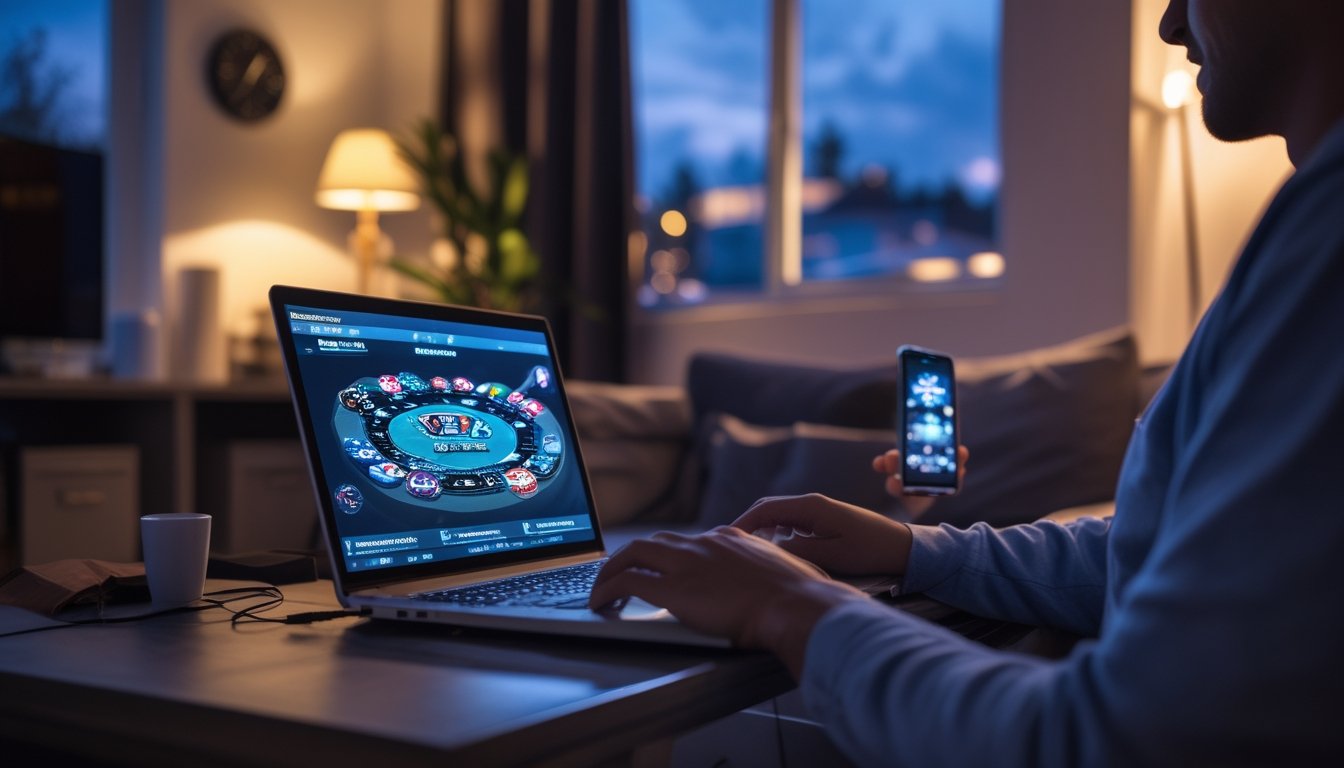 Seseorang duduk di sofa menggunakan laptop untuk bermain poker online di ruangan yang nyaman dengan pencahayaan hangat.