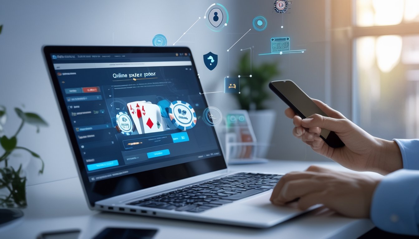 Seseorang menggunakan komputer dan ponsel untuk bermain poker online dengan simbol keamanan digital di latar belakang.