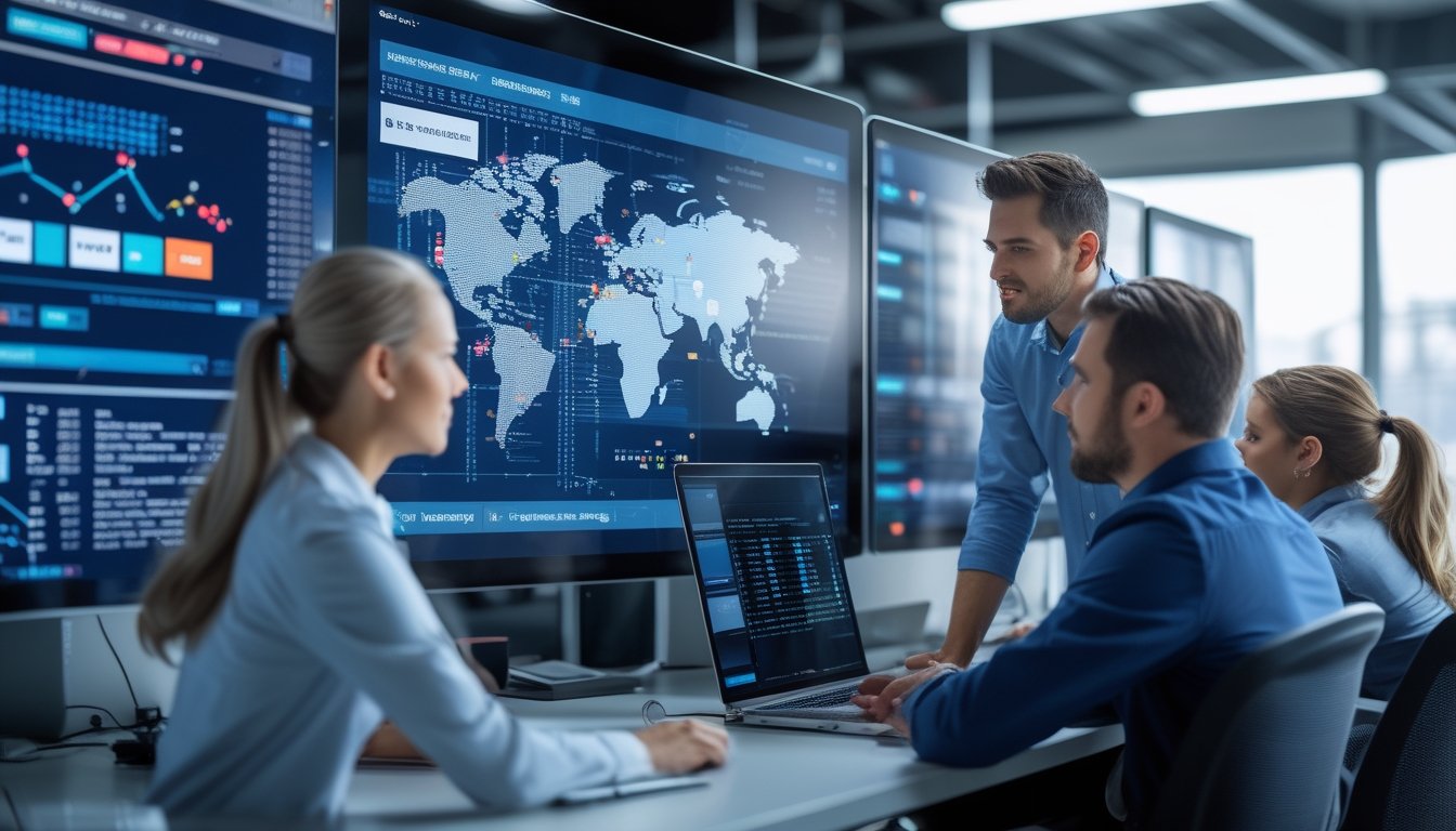 Sekelompok profesional bekerja bersama di kantor modern dengan layar digital besar menampilkan grafik data dan keamanan, menunjukkan analisis keamanan data pengguna di situs poker online.