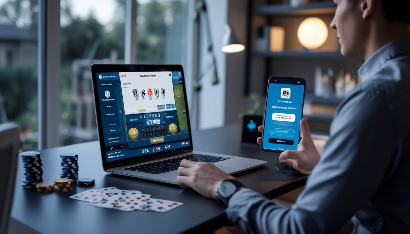 Seseorang duduk di meja dengan laptop yang menampilkan permainan poker online, dikelilingi oleh chip poker dan kartu, menunjukkan suasana fokus dan percaya diri dalam bermain poker online.