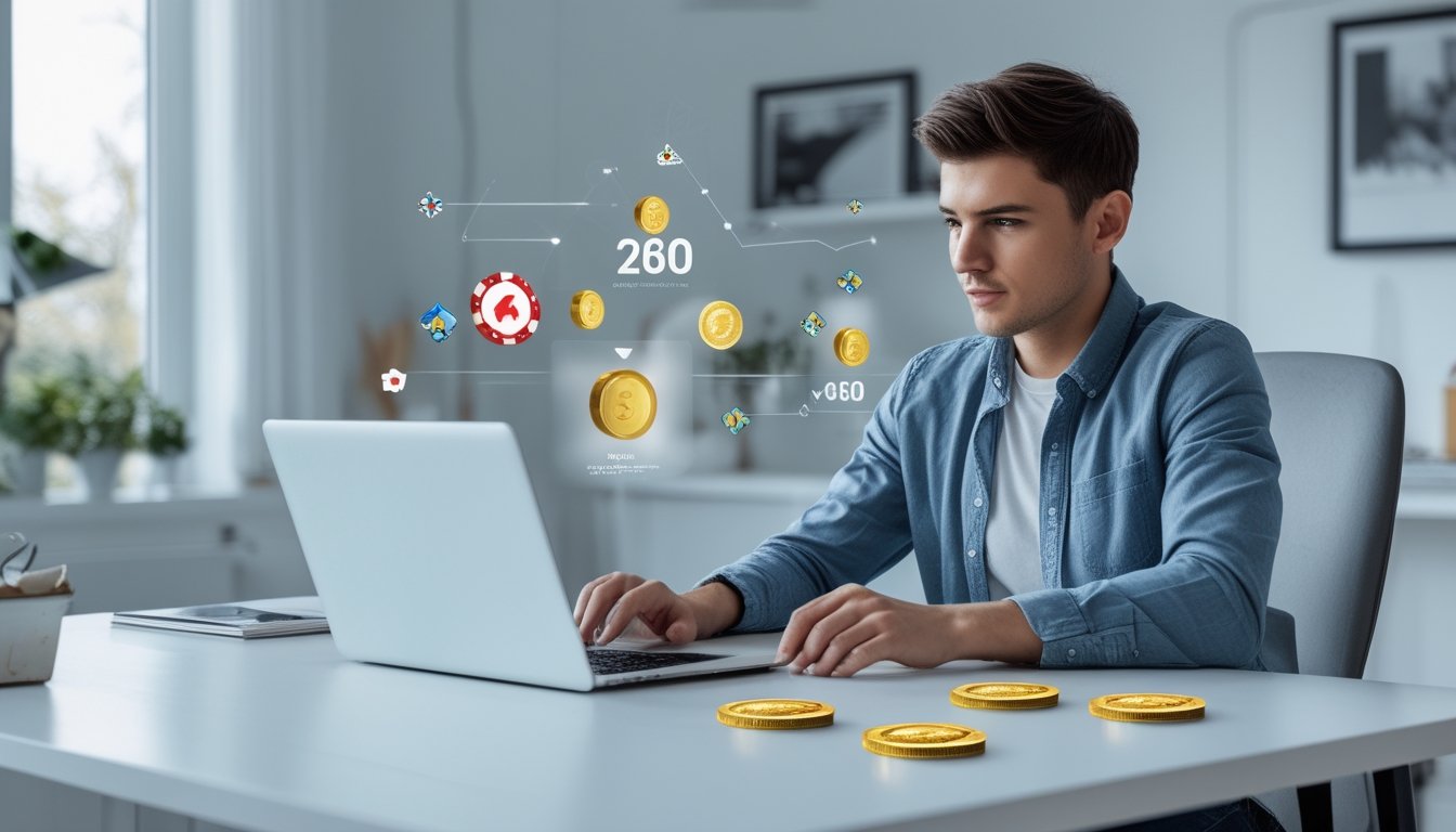 Seorang dewasa muda duduk di meja dengan laptop, fokus menggunakan platform poker online dengan latar ruang kerja yang terang dan rapi.