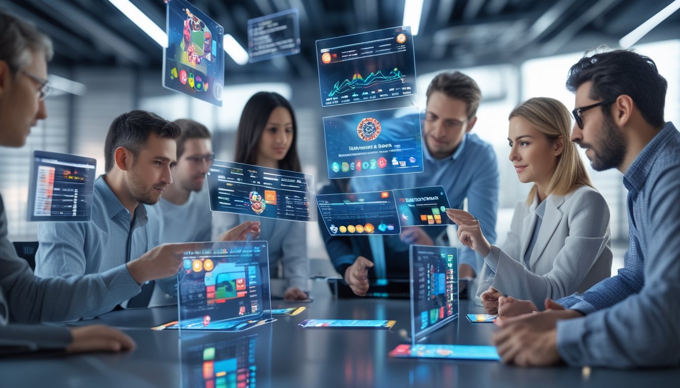 Beberapa profesional sedang menganalisis dan membandingkan fitur aplikasi di berbagai platform poker online menggunakan layar digital futuristik di ruang kantor modern.