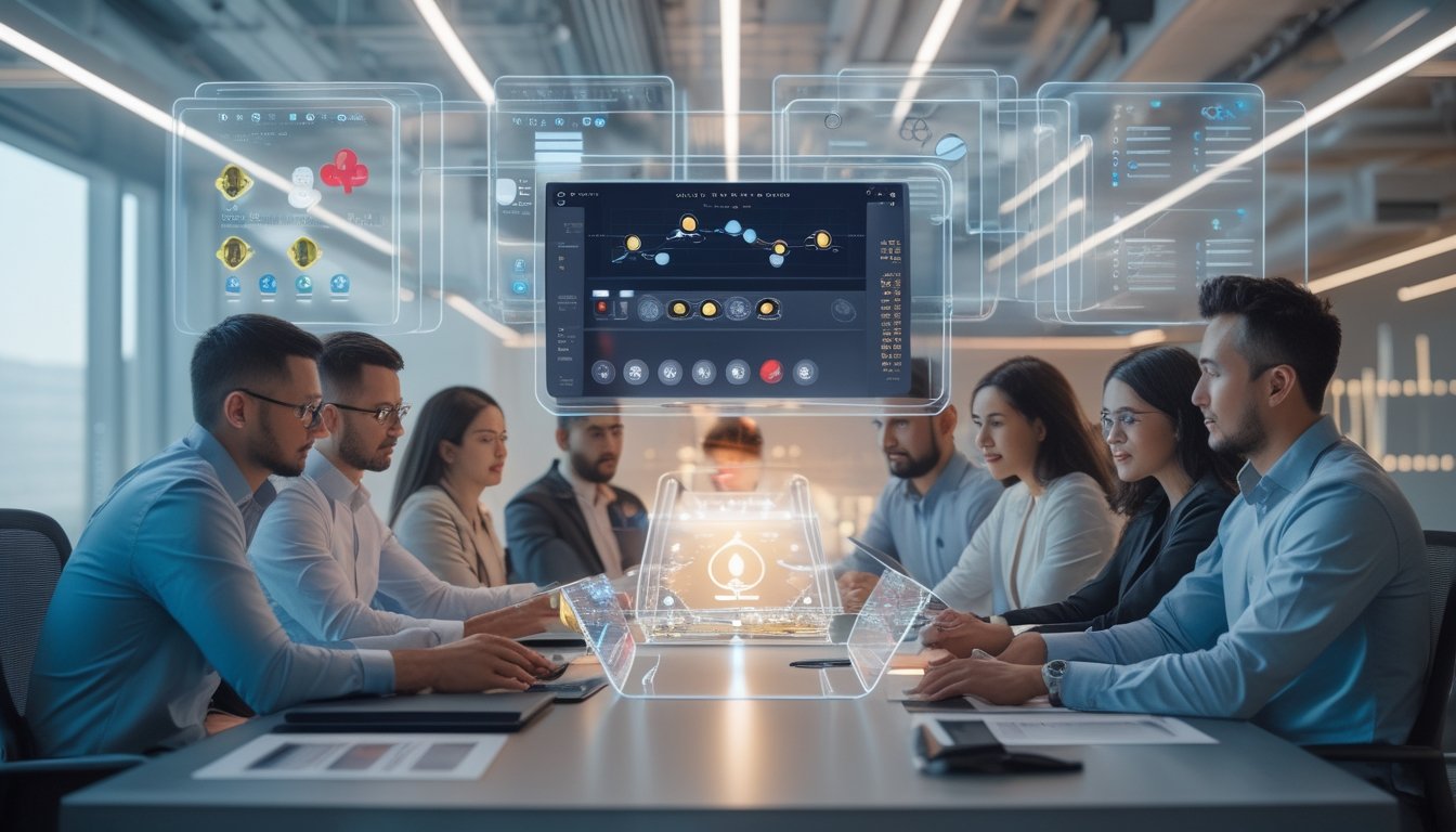 Beberapa orang profesional sedang berdiskusi di ruang kantor modern dengan layar holografik yang menampilkan aplikasi poker online dan data perbandingan fitur.