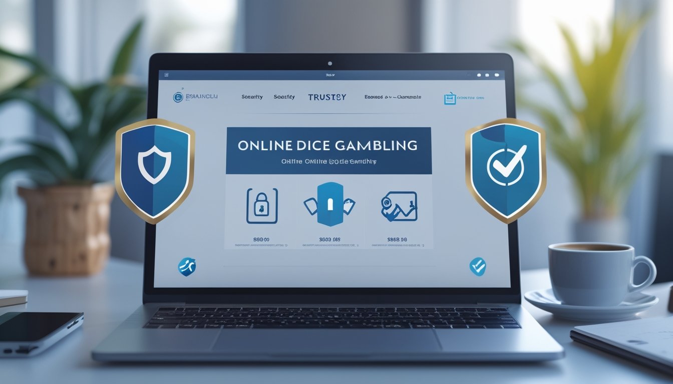 Seorang pria menggunakan laptop di meja kerja modern dengan ikon keamanan dan dadu digital di layar, menggambarkan lingkungan judi dadu online yang aman dan terpercaya.