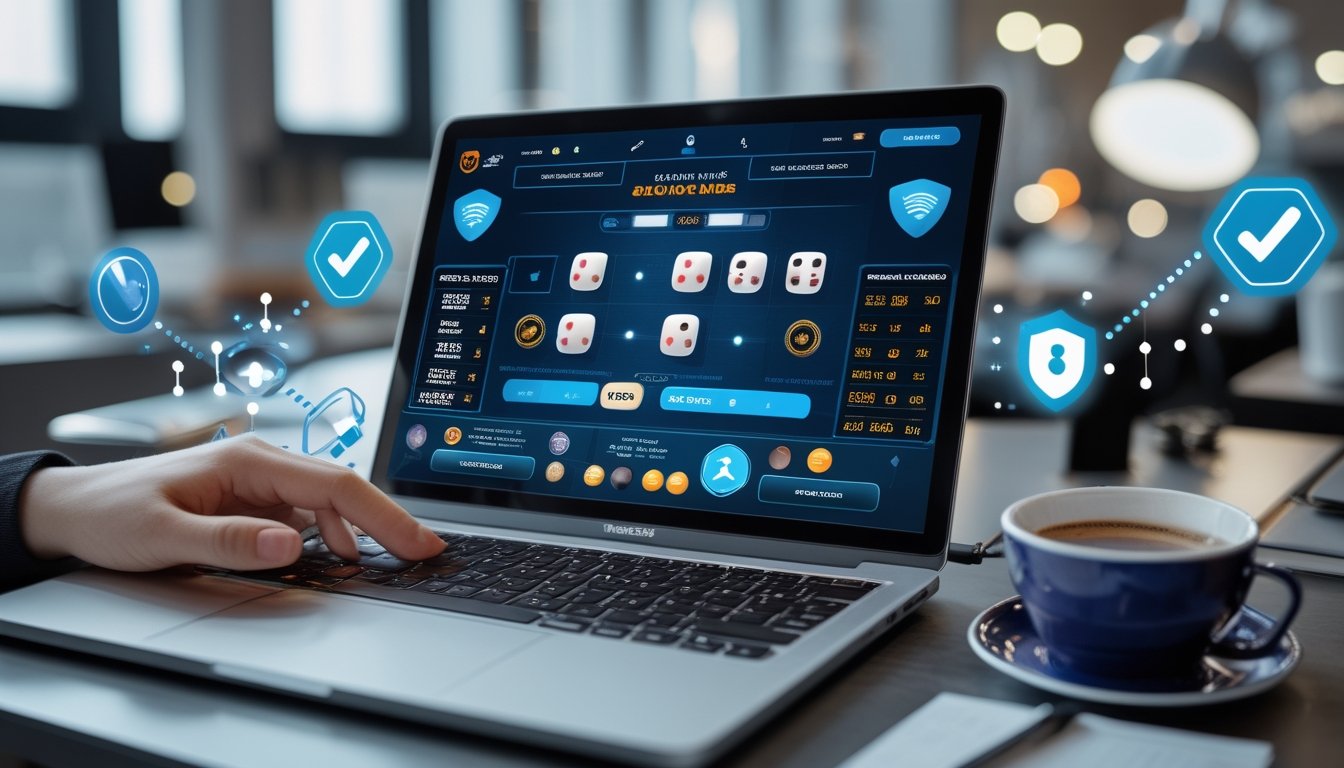 Seorang pengguna sedang melihat layar komputer yang menampilkan permainan dadu online dengan simbol keamanan di sekitarnya.