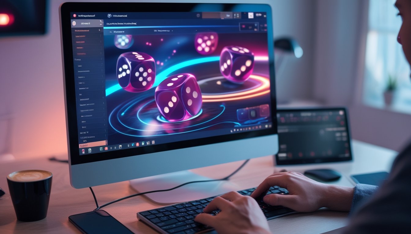 Seorang pemain menggunakan komputer dengan layar menampilkan dadu digital yang sedang dilempar dalam permainan taruhan dadu online.