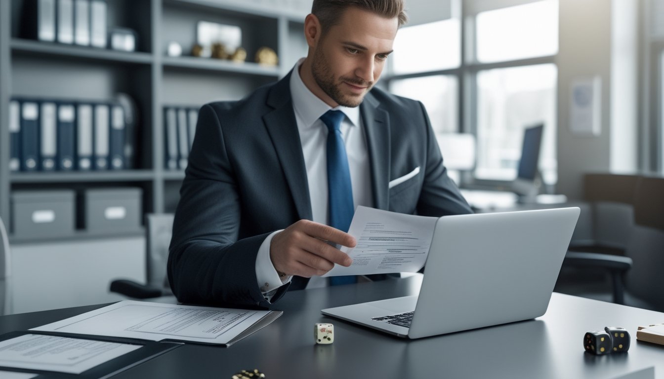 Seorang pebisnis sedang memeriksa dokumen resmi di kantor modern dengan dadu di atas meja.