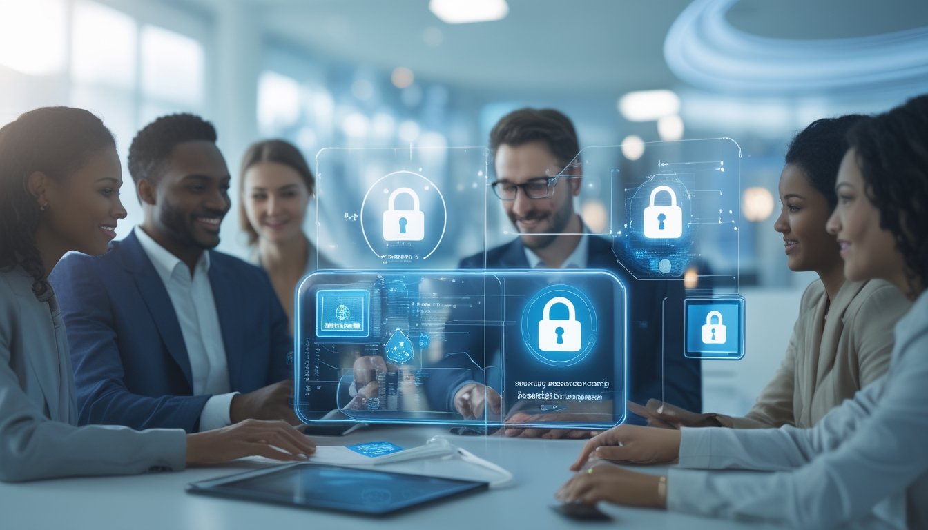Sekelompok orang sedang berinteraksi dengan antarmuka digital yang menunjukkan simbol keamanan dan transaksi yang aman dalam lingkungan kantor modern.