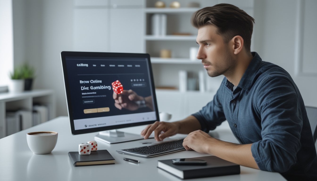Seorang pria muda duduk di meja dengan laptop, memeriksa situs judi dadu online dengan ekspresi serius dan fokus.