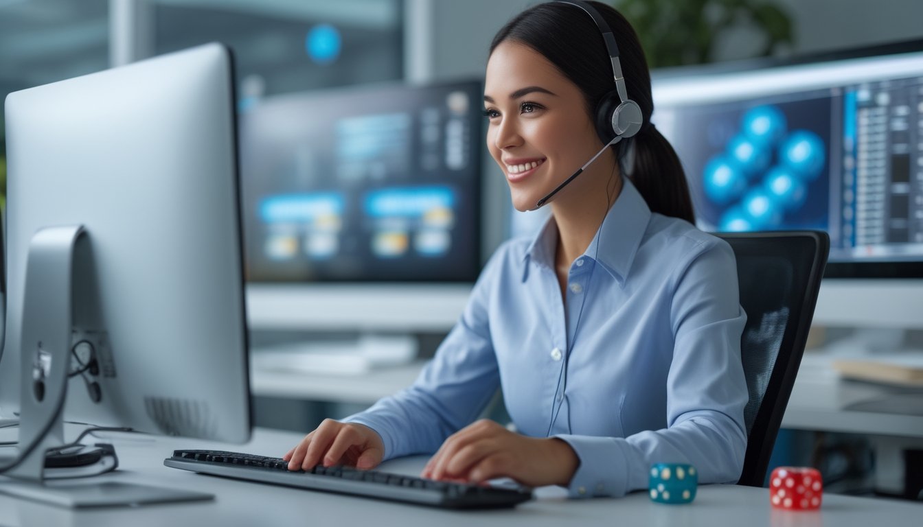 Seorang petugas layanan pelanggan yang tersenyum menggunakan headset di pusat panggilan modern dengan layar komputer dan simbol dadu di latar belakang.