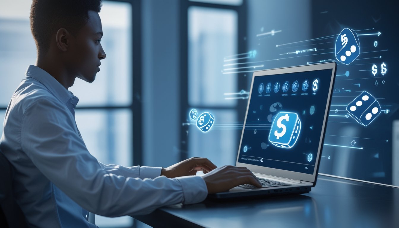 Seorang dewasa muda duduk di depan laptop, menggunakan platform judi dadu online dengan proses deposit dan withdraw cepat.