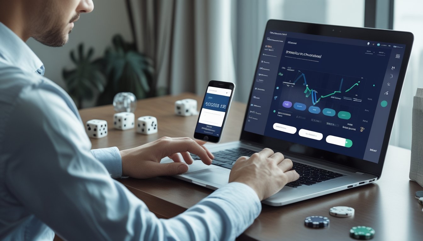 Seseorang menggunakan laptop dan ponsel di meja kerja dengan dadu dan chip poker di sekitarnya, menunjukkan persiapan transaksi online.