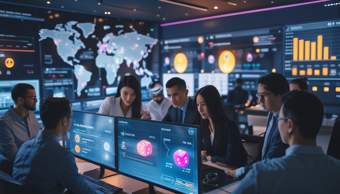 Sekelompok profesional sedang menganalisis data tren permainan dadu online di kantor modern dengan layar komputer yang menampilkan grafik dan statistik.