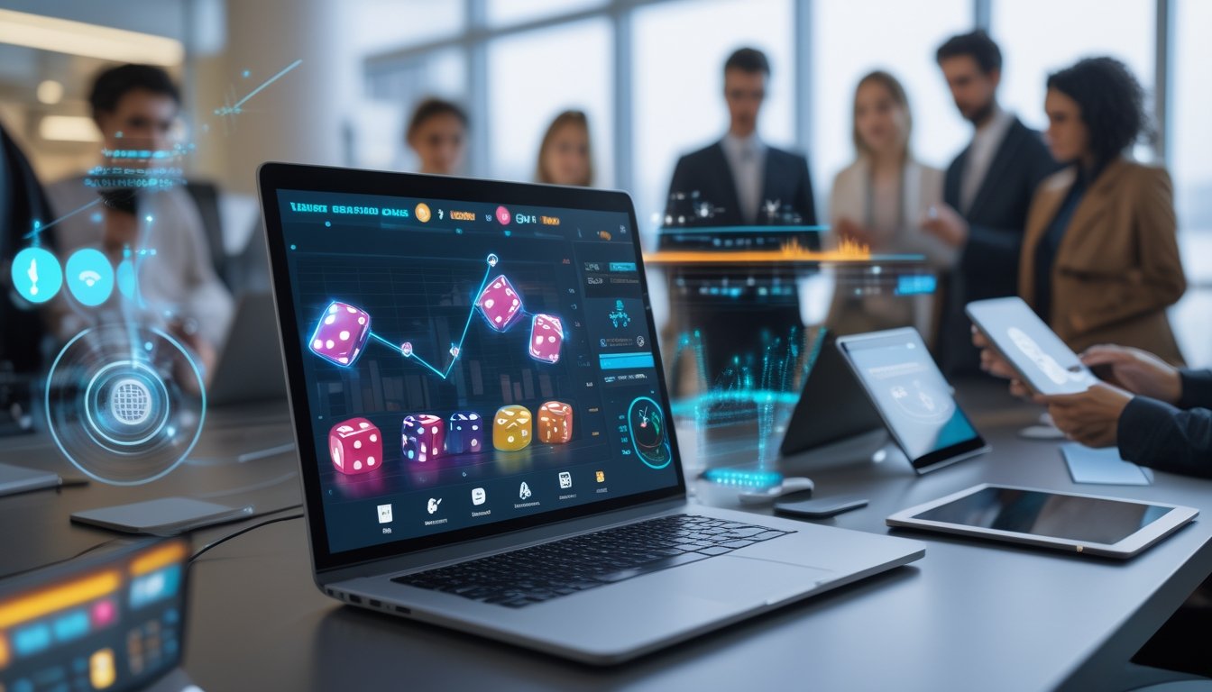 Orang-orang sedang menggunakan perangkat digital untuk bermain dan menganalisis permainan dadu online di lingkungan kantor modern.