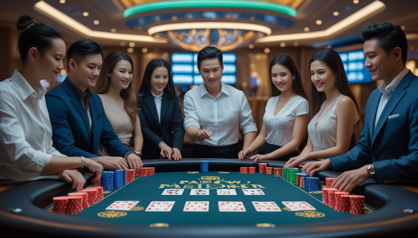 Beberapa orang bermain Pai Gow Poker di meja kasino dengan kartu dan chip poker, suasana profesional dan percaya diri.