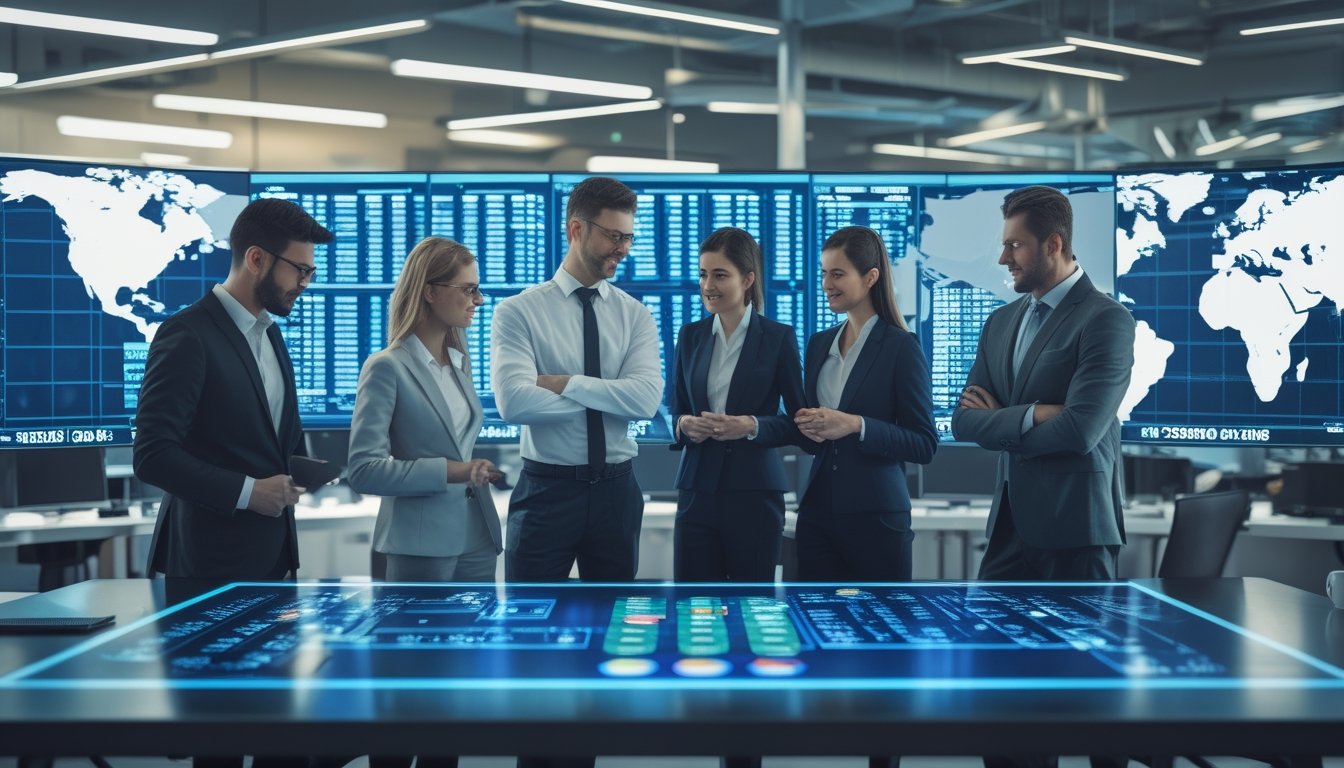 Sekelompok profesional sedang bekerja bersama di kantor modern dengan layar digital yang menampilkan data lotere online.