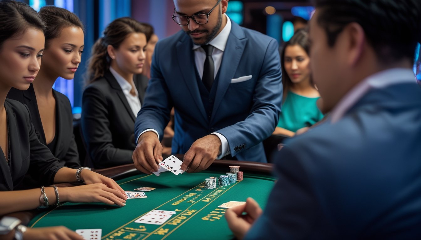 Seorang dealer dan beberapa pemain sedang bermain Pai Gow Poker di meja kasino dengan suasana profesional dan serius.