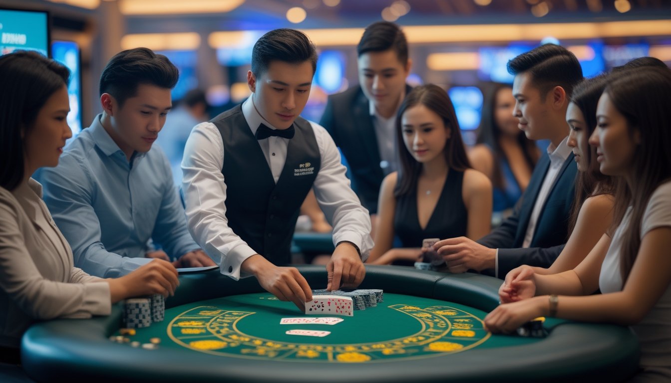 Seorang dealer dan beberapa pemain sedang bermain Pai Gow Poker di meja kasino dengan suasana yang ramai dan profesional.