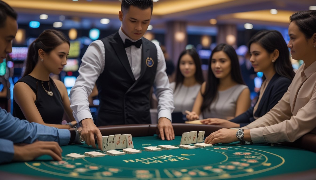Seorang dealer dan beberapa pemain sedang bermain Pai Gow Poker di meja kasino dengan suasana yang serius dan fokus.