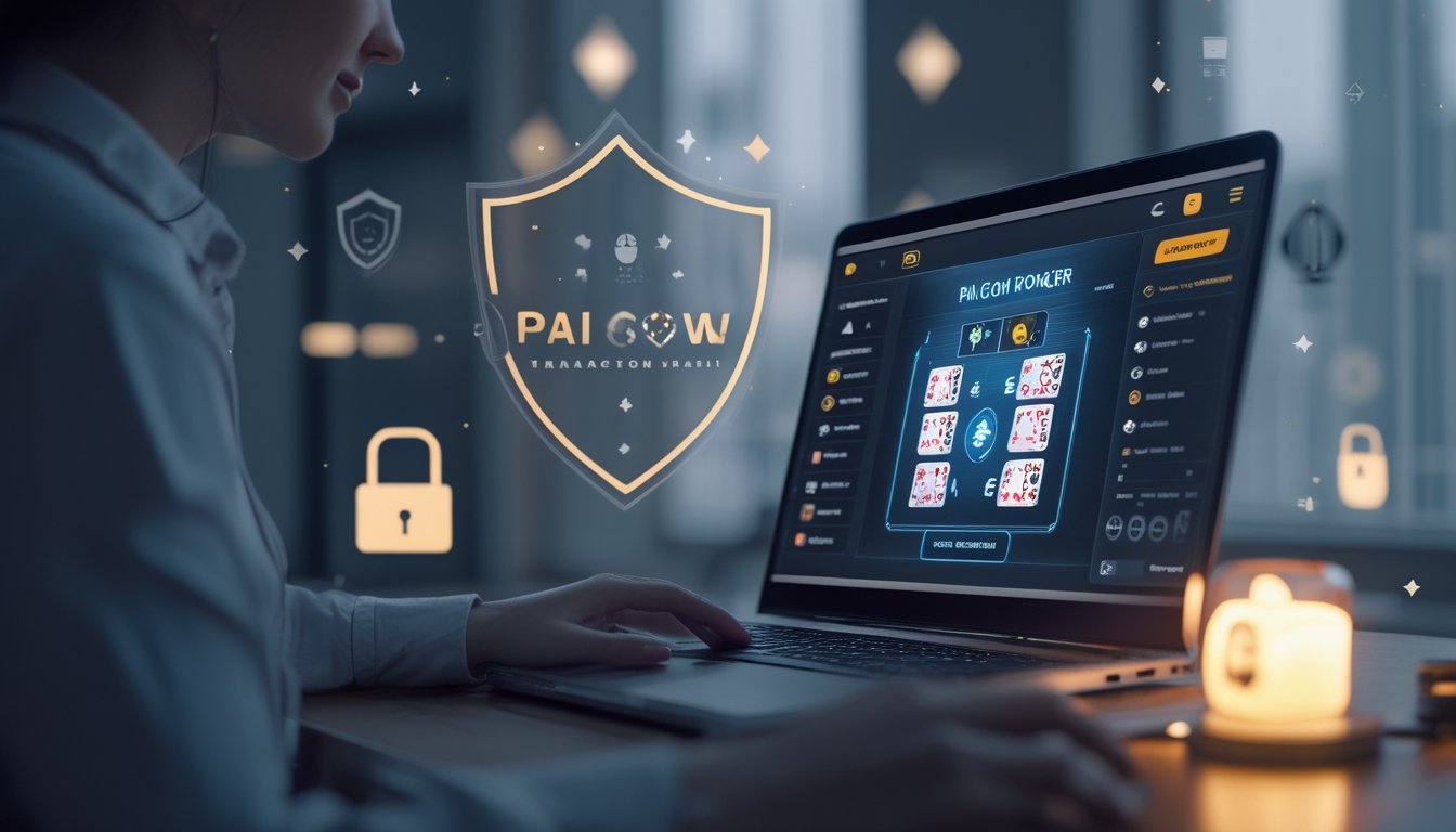 Seorang pria menggunakan laptop dengan tampilan permainan Pai Gow Poker digital di meja kerja modern yang terang dan rapi.