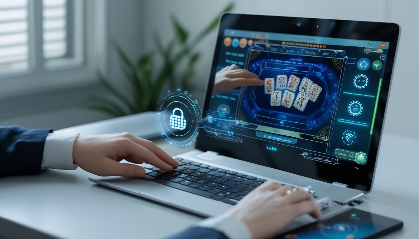Seorang pemain menggunakan komputer untuk bermain Pai Gow Poker online dengan simbol keamanan transaksi di layar.
