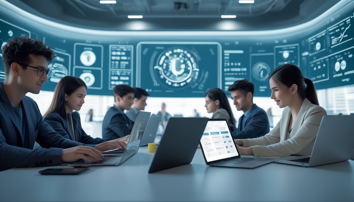 Sekelompok orang muda menggunakan perangkat digital di kantor modern dengan layar digital menampilkan grafik dan data abstrak.