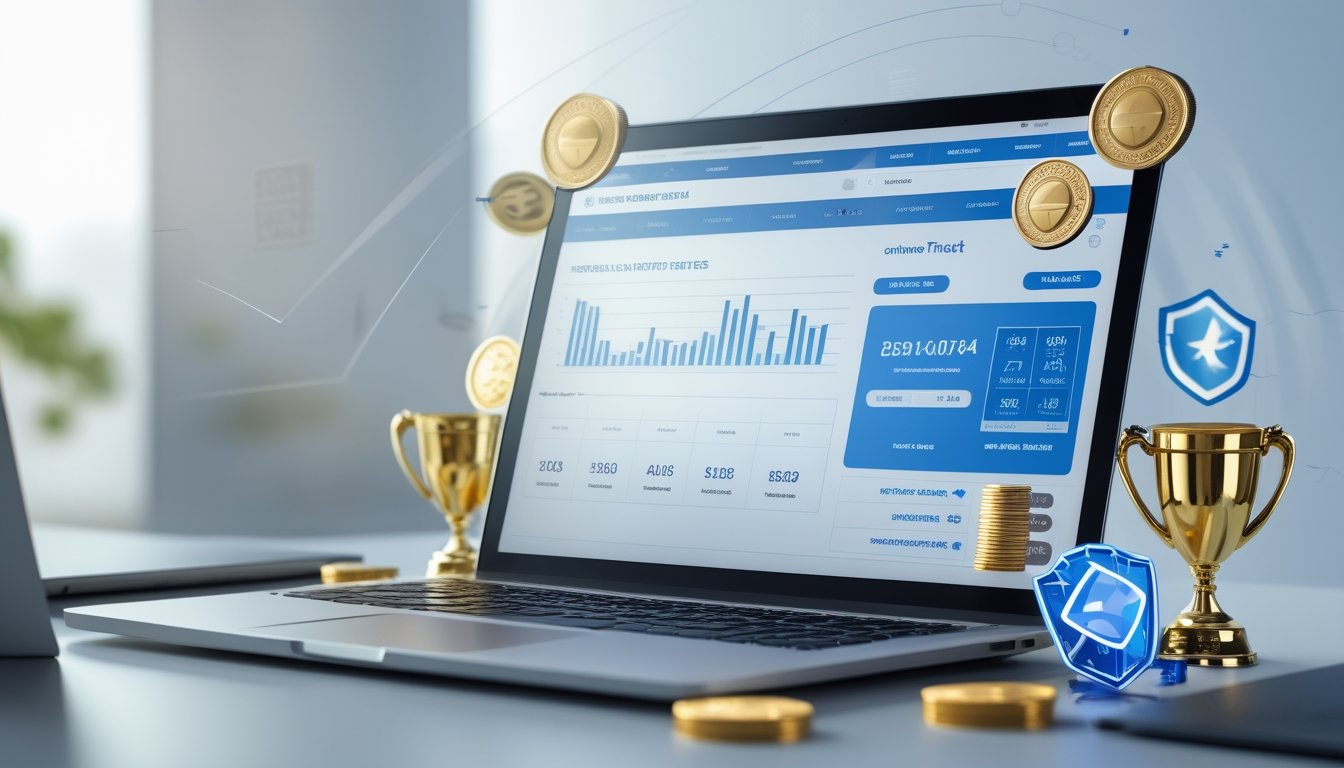 Sebuah meja kerja modern dengan laptop yang menampilkan antarmuka situs togel online terpercaya, dikelilingi ikon perlindungan dan simbol hadiah.