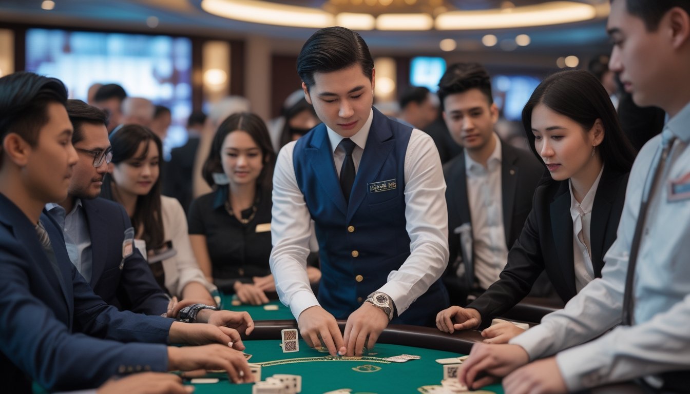 Seorang dealer dan beberapa pemain sedang bermain Pai Gow Poker di meja kasino dengan suasana yang profesional dan mewah.