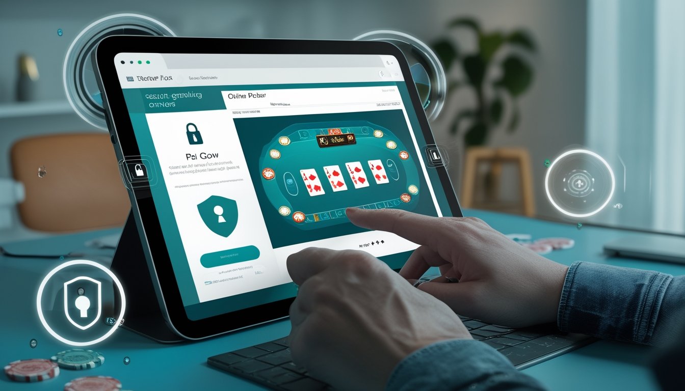 Seorang pengguna berinteraksi dengan perangkat digital yang menampilkan permainan Pai Gow Poker dengan simbol keamanan di latar belakang.