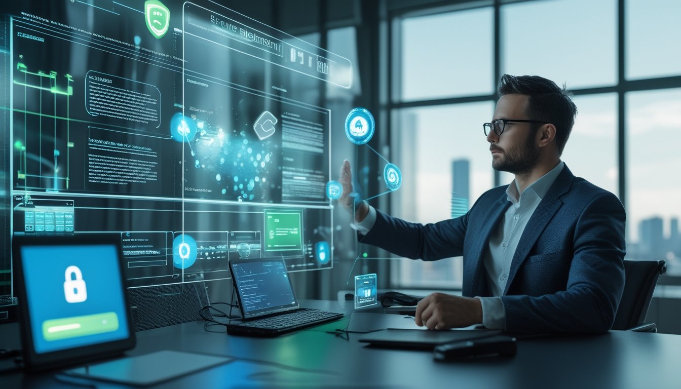 Seorang profesional di kantor modern sedang menganalisis data digital pada beberapa layar holografik dengan latar belakang pemandangan kota.