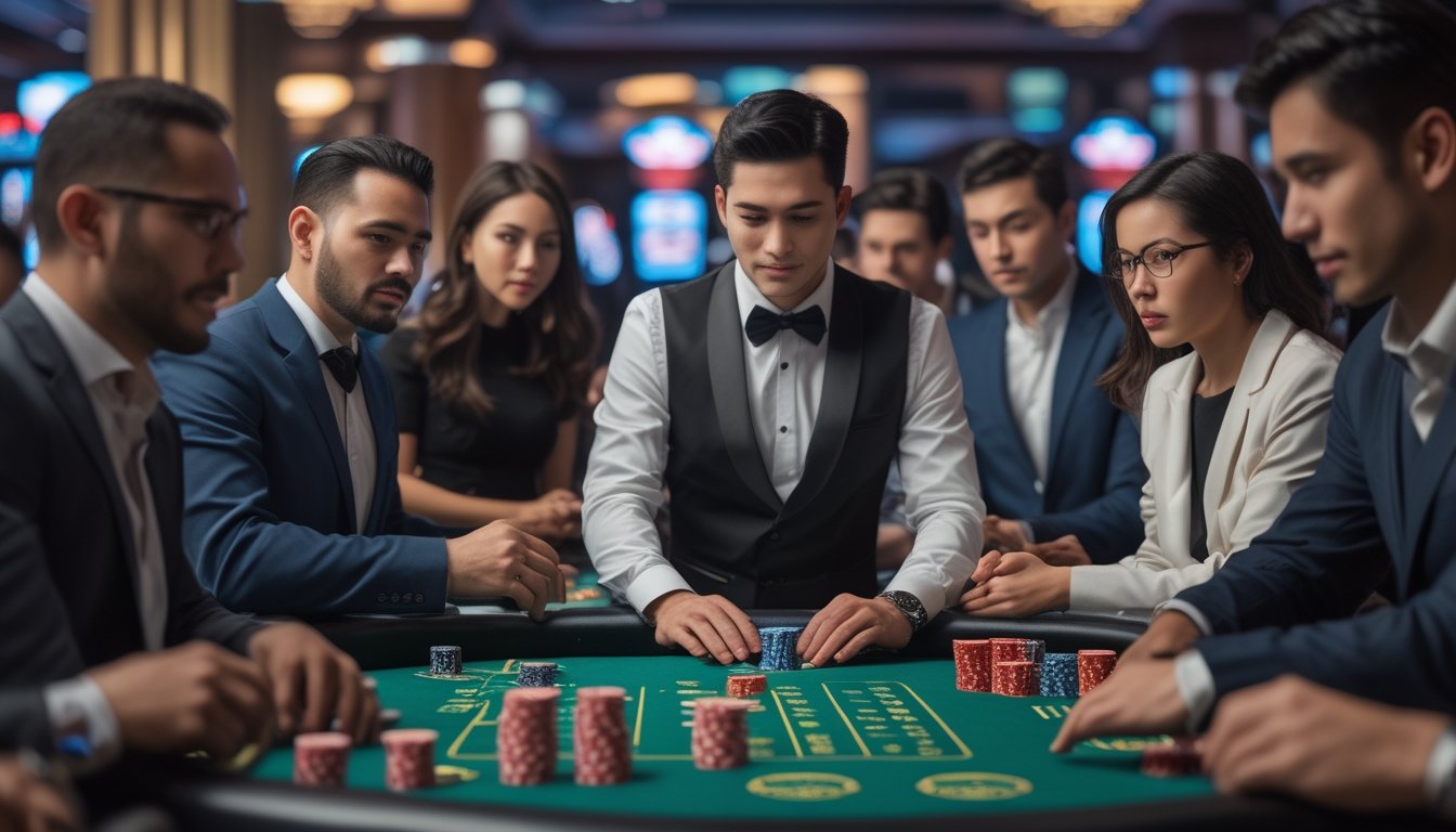 Seorang dealer dan beberapa pemain duduk di sekitar meja poker di kasino, fokus bermain Bandar Pai Gow Poker.