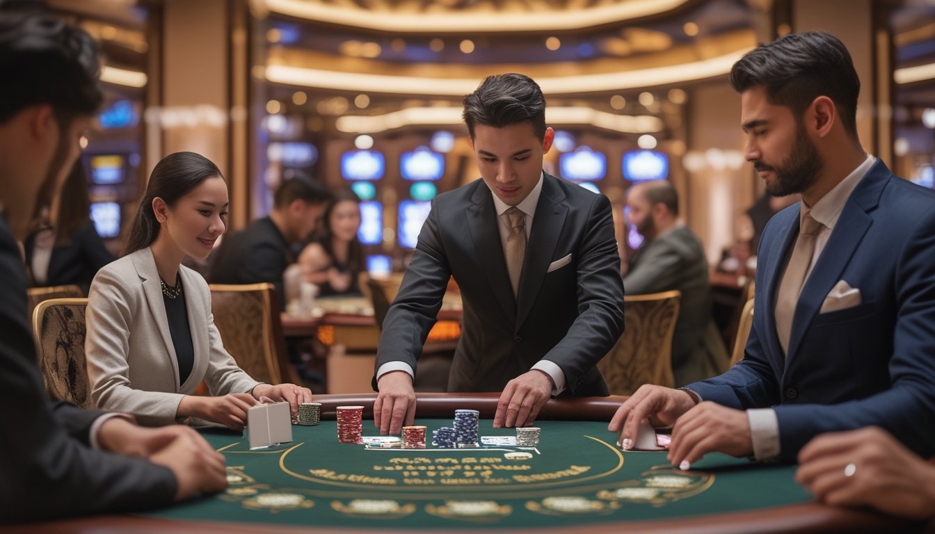 Seorang dealer dan beberapa pemain sedang bermain Pai Gow Poker di meja kasino dengan suasana yang profesional dan fokus.