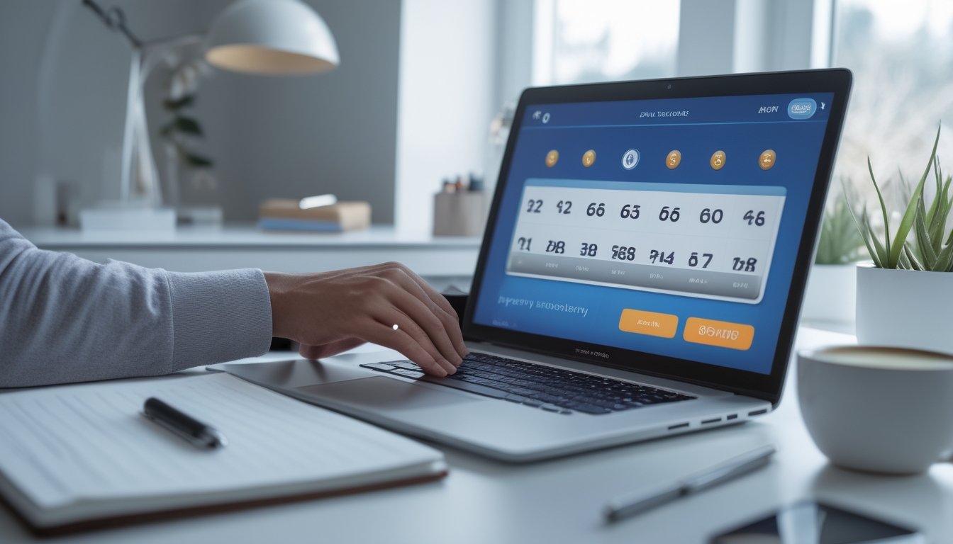 Seorang pemula sedang memilih angka di laptop untuk bermain togel online di ruang kerja rumah yang terang dan rapi.