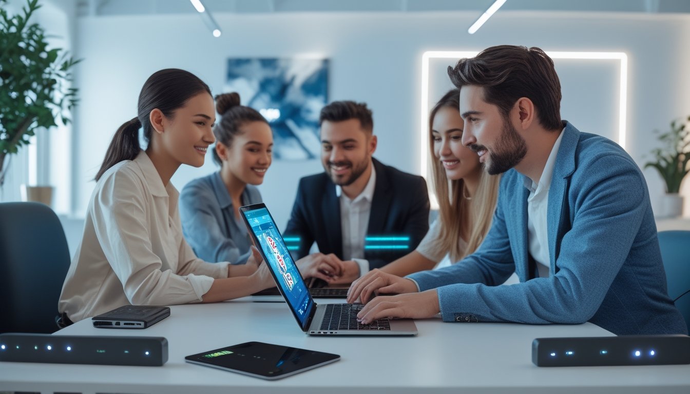 Orang-orang sedang mendaftar dan bermain poker online di perangkat digital dalam ruangan kantor modern.