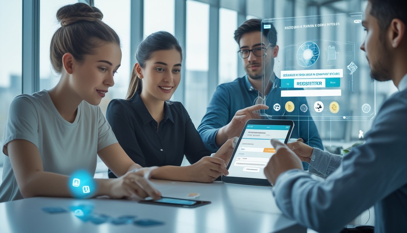 Sekelompok orang muda sedang mendaftar secara online di sebuah ruang kantor modern dengan layar digital transparan dan elemen permainan poker di latar belakang.