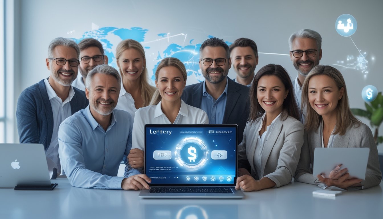 Sekelompok orang dewasa yang bahagia berkumpul di sekitar perangkat digital dengan latar belakang kantor modern dan elemen teknologi yang menunjukkan koneksi internasional.