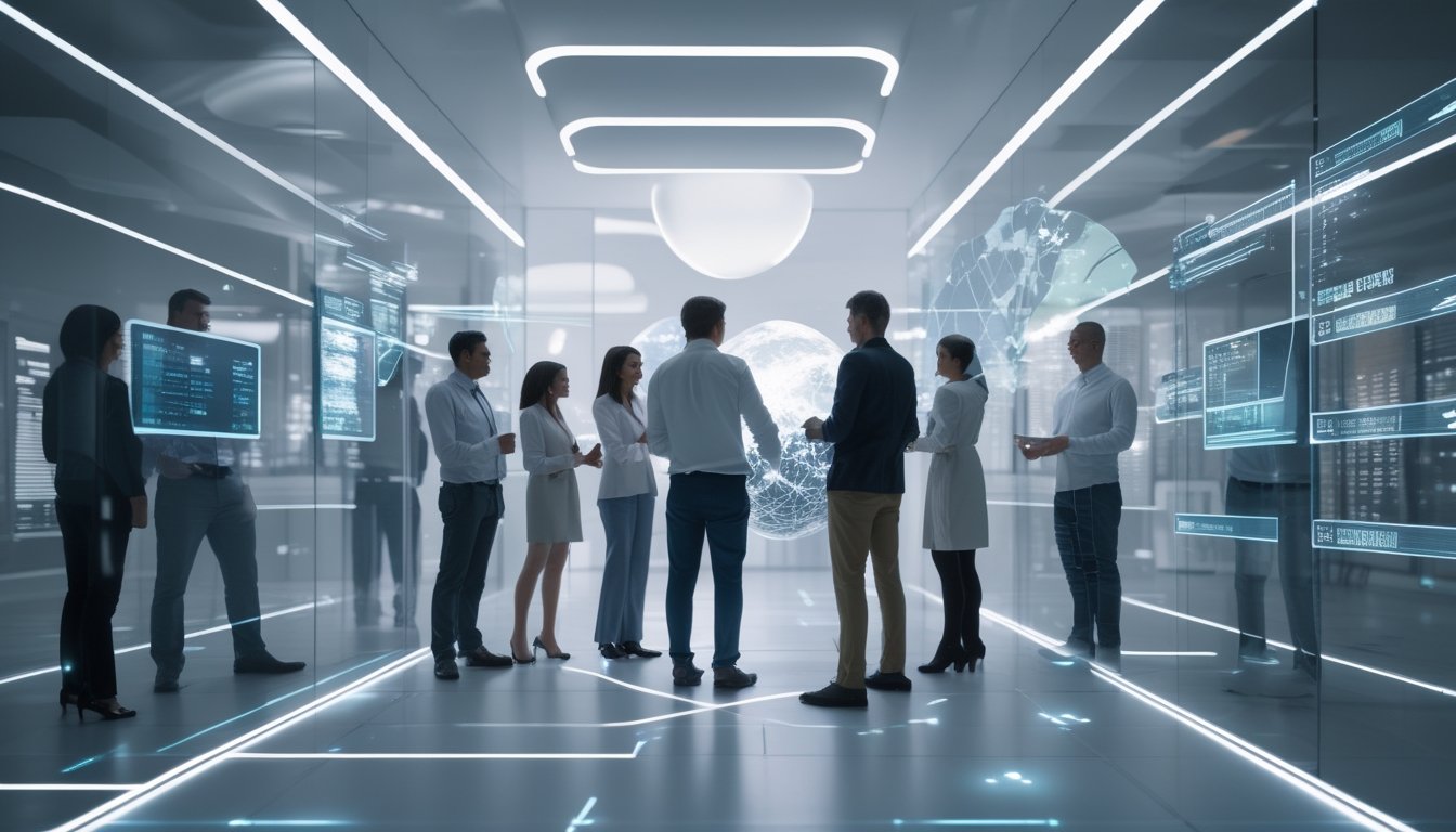 Orang-orang sedang berinteraksi dengan layar digital transparan yang menampilkan data dan peta terkait lotere online di lingkungan kantor modern.