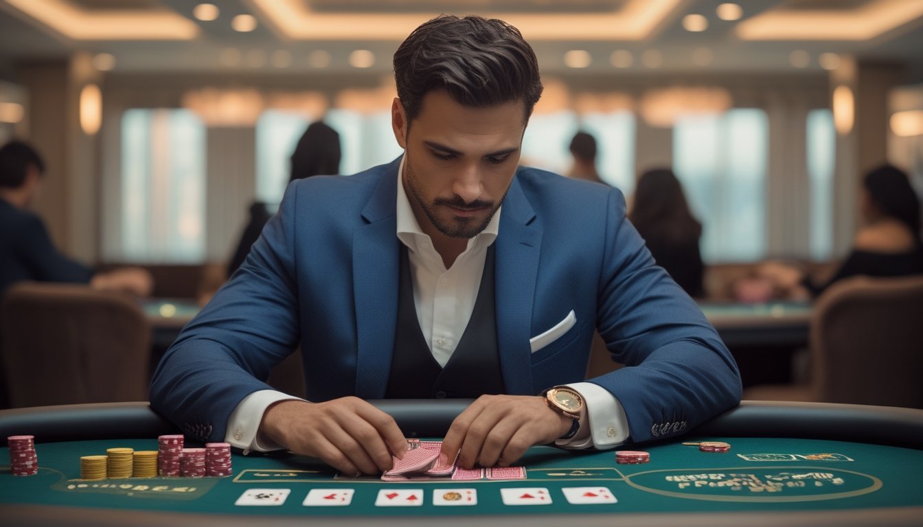 Seorang pria berpakaian rapi duduk di meja poker di kasino, tampak fokus memeriksa kartu dan chip.