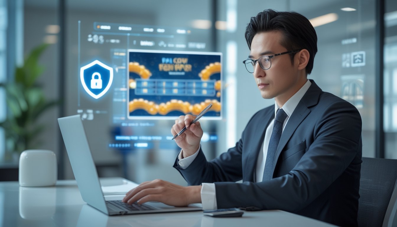 Seorang pria bisnis Asia duduk di meja kantor modern sambil melihat layar laptop yang menampilkan permainan Pai Gow Poker, dengan suasana yang profesional dan rapi.