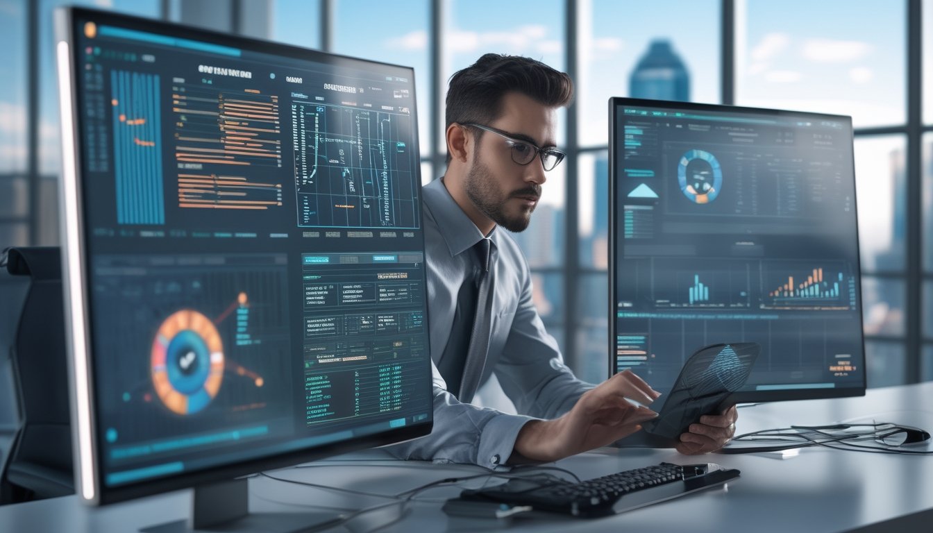 Seorang ahli keamanan siber sedang menganalisis data di depan layar digital di kantor modern dengan pemandangan kota futuristik di latar belakang.