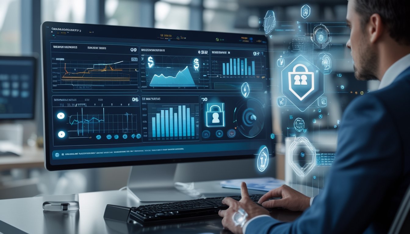 Seorang ahli keamanan siber sedang menganalisis data di depan layar komputer dengan ikon keamanan digital dan grafik di kantor modern.