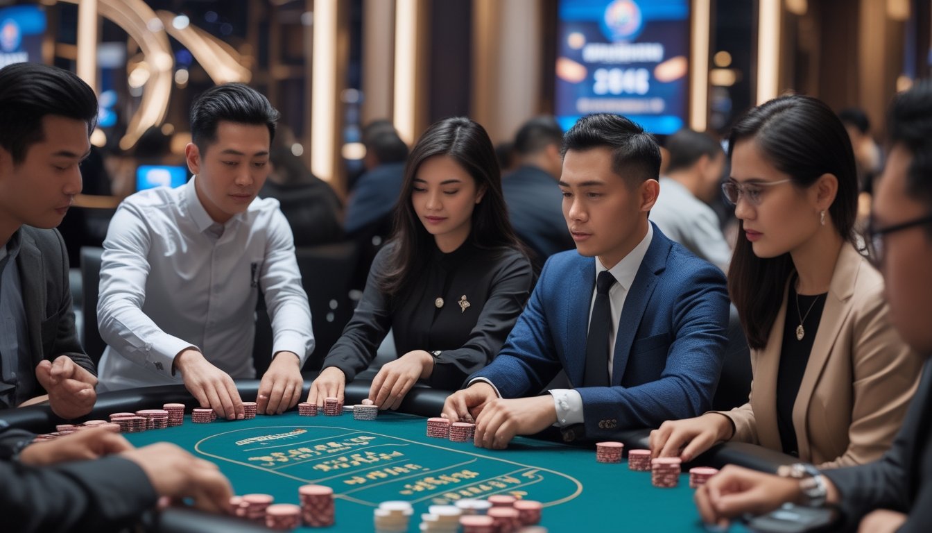 Beberapa pemain Indonesia sedang bermain Bandar Pai Gow Poker di meja kasino modern dengan suasana yang terang dan profesional.