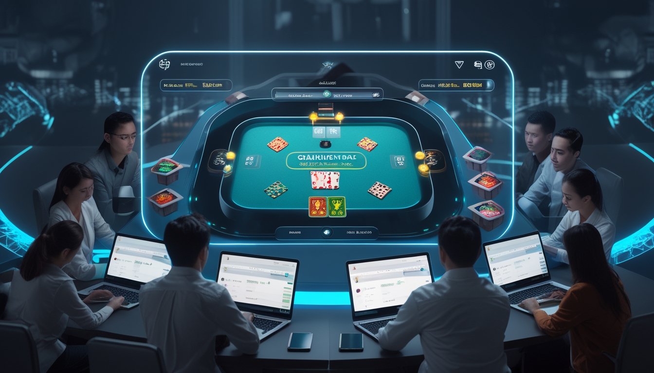 Sekelompok orang Indonesia bermain Pai Gow Poker online dengan perangkat digital modern di meja permainan yang menampilkan kartu dan chip.