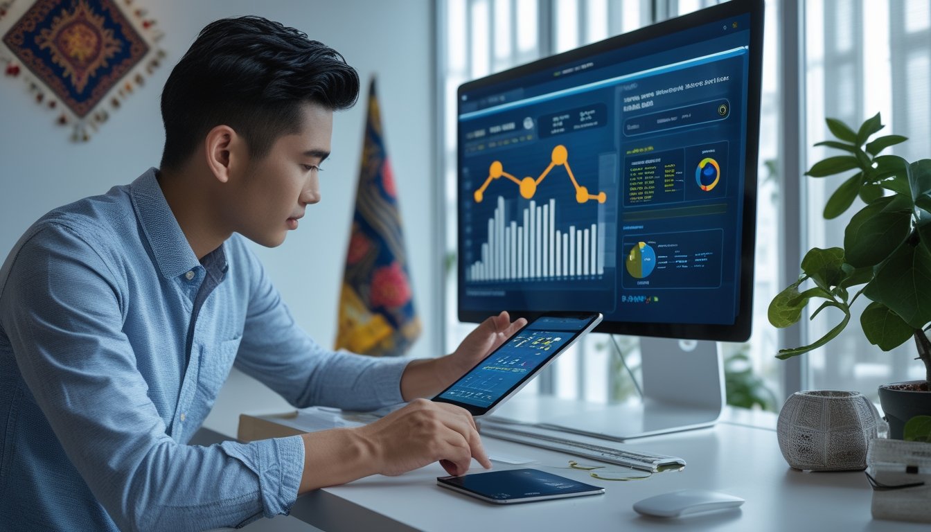 Seorang pria muda Indonesia sedang menganalisis data fitur terbaru di platform togel online menggunakan komputer, tablet, dan ponsel di ruang kerja modern.