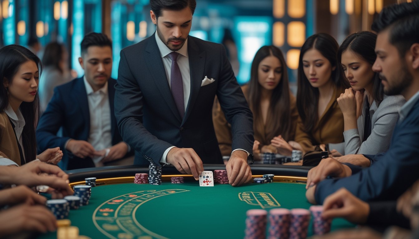 Seorang dealer dan beberapa pemain sedang bermain Pai Gow Poker di meja kasino dengan suasana mewah dan pencahayaan yang hangat.