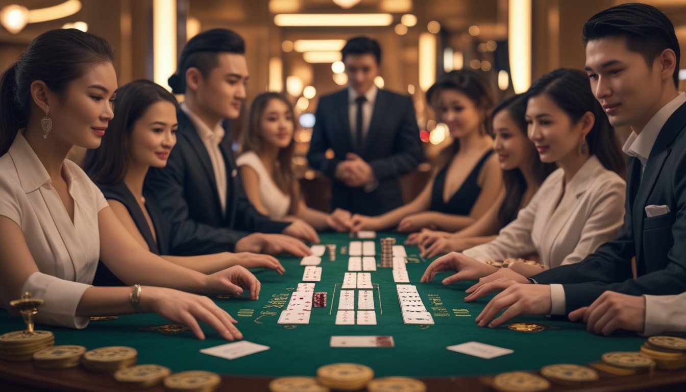 Meja poker Pai Gow dengan pemain yang sedang bermain di kasino yang elegan dan terang.