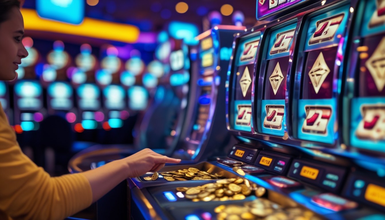 Seorang pemain sedang bermain mesin slot dengan simbol triple diamond di kasino yang terang dan penuh warna.