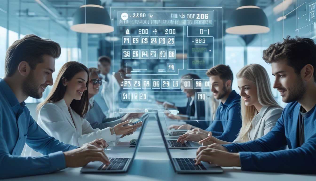 Sekelompok orang muda menggunakan perangkat digital di kantor modern dengan layar holografik menampilkan angka dan statistik lotere.